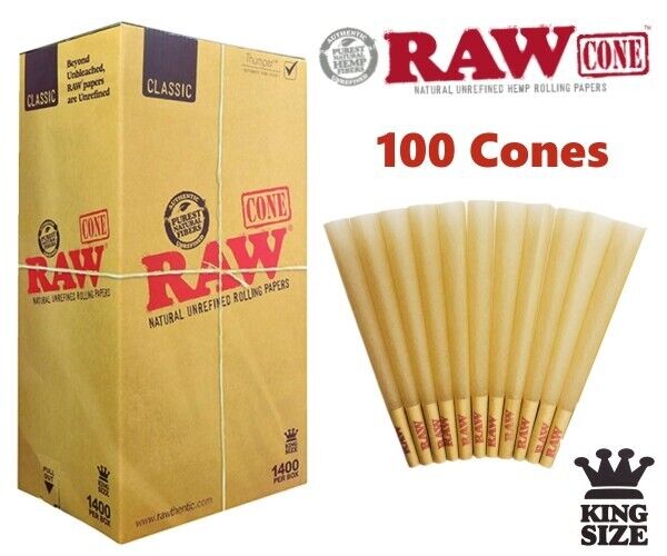 Authentic RAW Classic King Size W/Filter Tip Pre-Rolled Cones 100 Pack