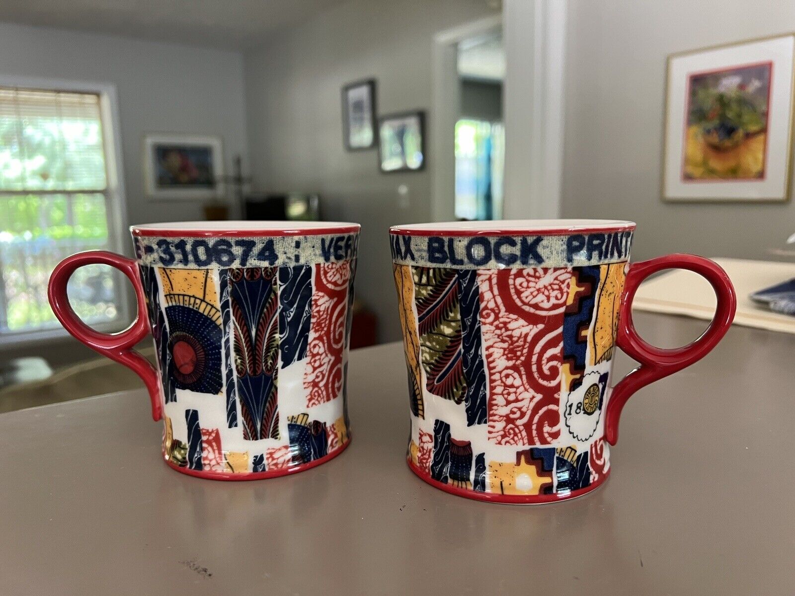 Set of 2 Anthropologie Veritable Wax Block Prints Red Coffee Tea Cup Mug