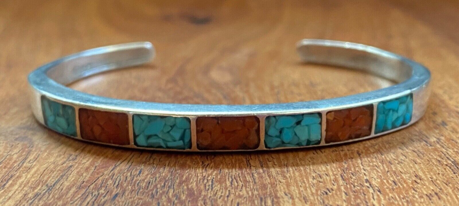 Old Navajo Native American Sterling Bracelet Chip Coral And Turquoise