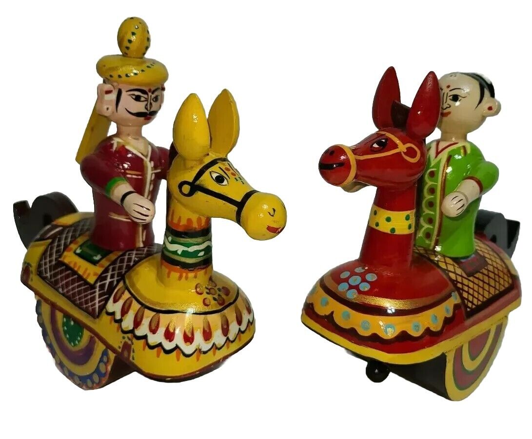 Handcrafted India Wooden Channapatna Handpainted Legless Horse Rider Toys Pair