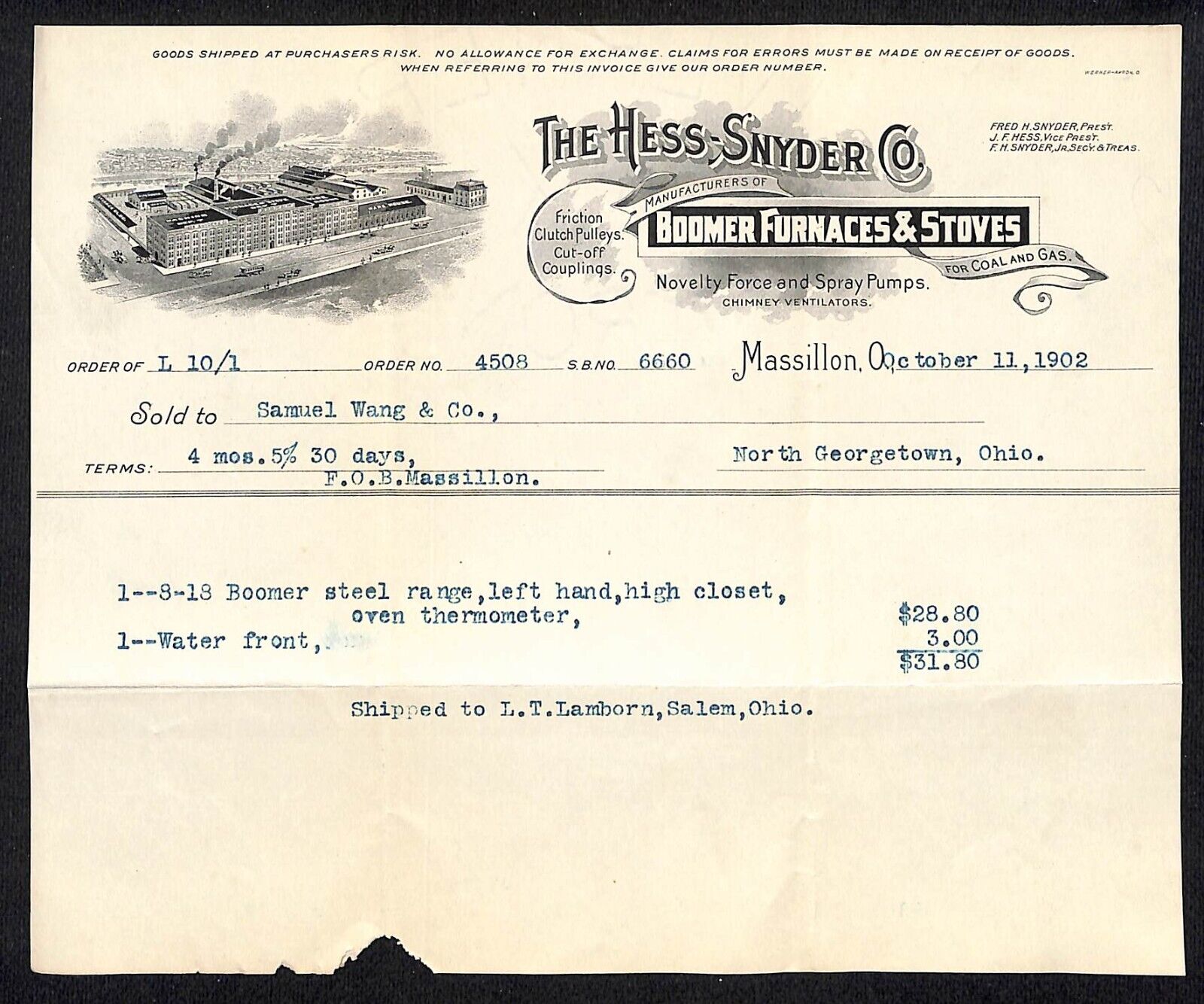 Hess-Snyder Co Boomer Furnaces Massillon Billhead 1902 Samuel Wang* N Georgetown