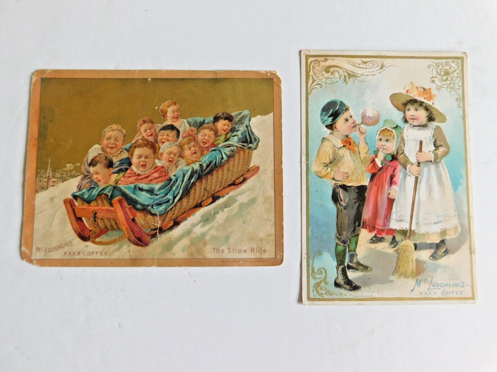 2 McLAUGHLIN\'S XXXX COFFEE Victorian Trade Cards 1890s Children Sled Ride