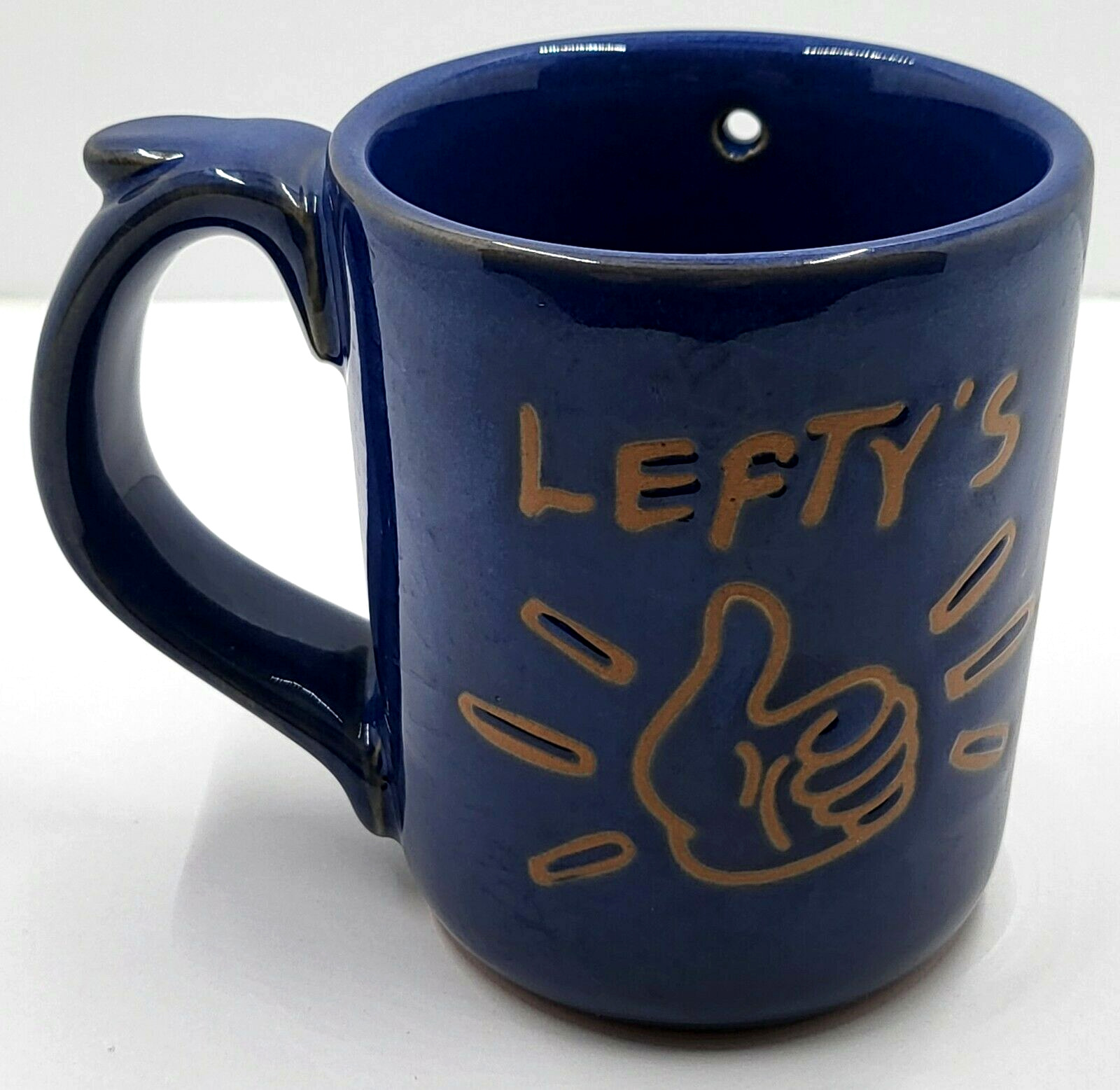 MUG LEFTY\'S STONEWARE Coffee Left Handed Warning Hazardous NOVELTY Blue Funny