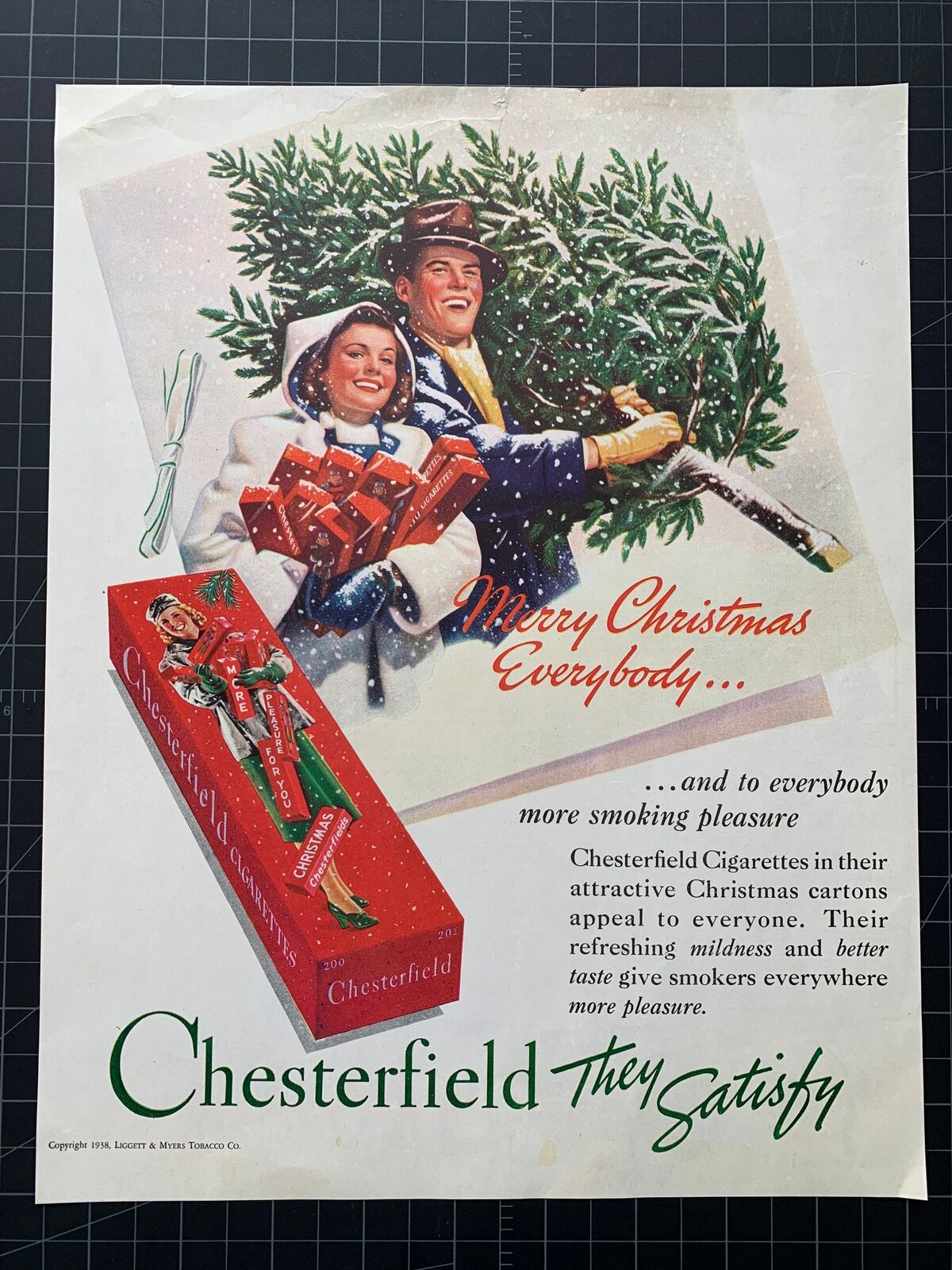 Vintage 1938 Chesterfield Cigarettes Christmas Print Ad