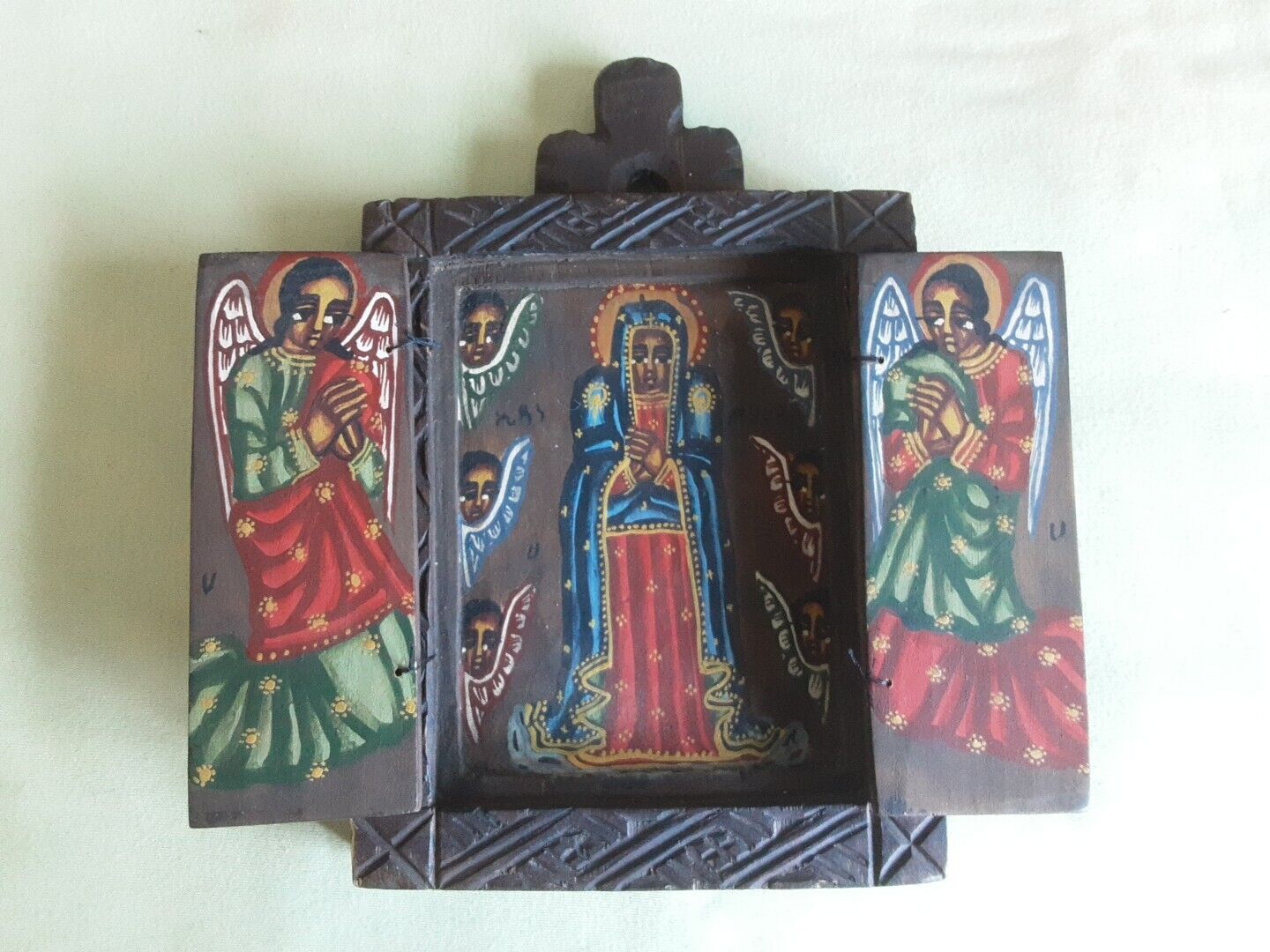 Ethiopian Wooden Painted Triptych Icon. Antique. 