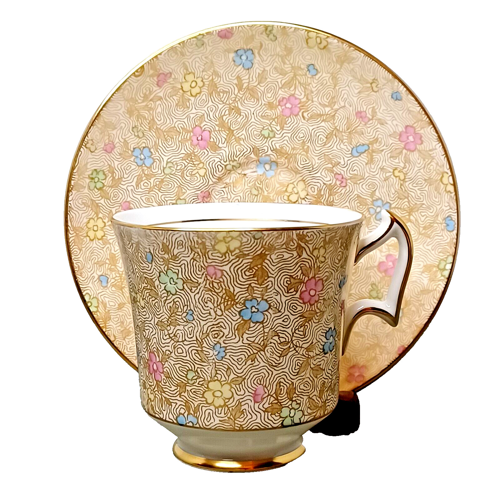 Vintage Tea Cup and Saucer Royal Chelsea Dainty Flowers Intricate Gold Trim