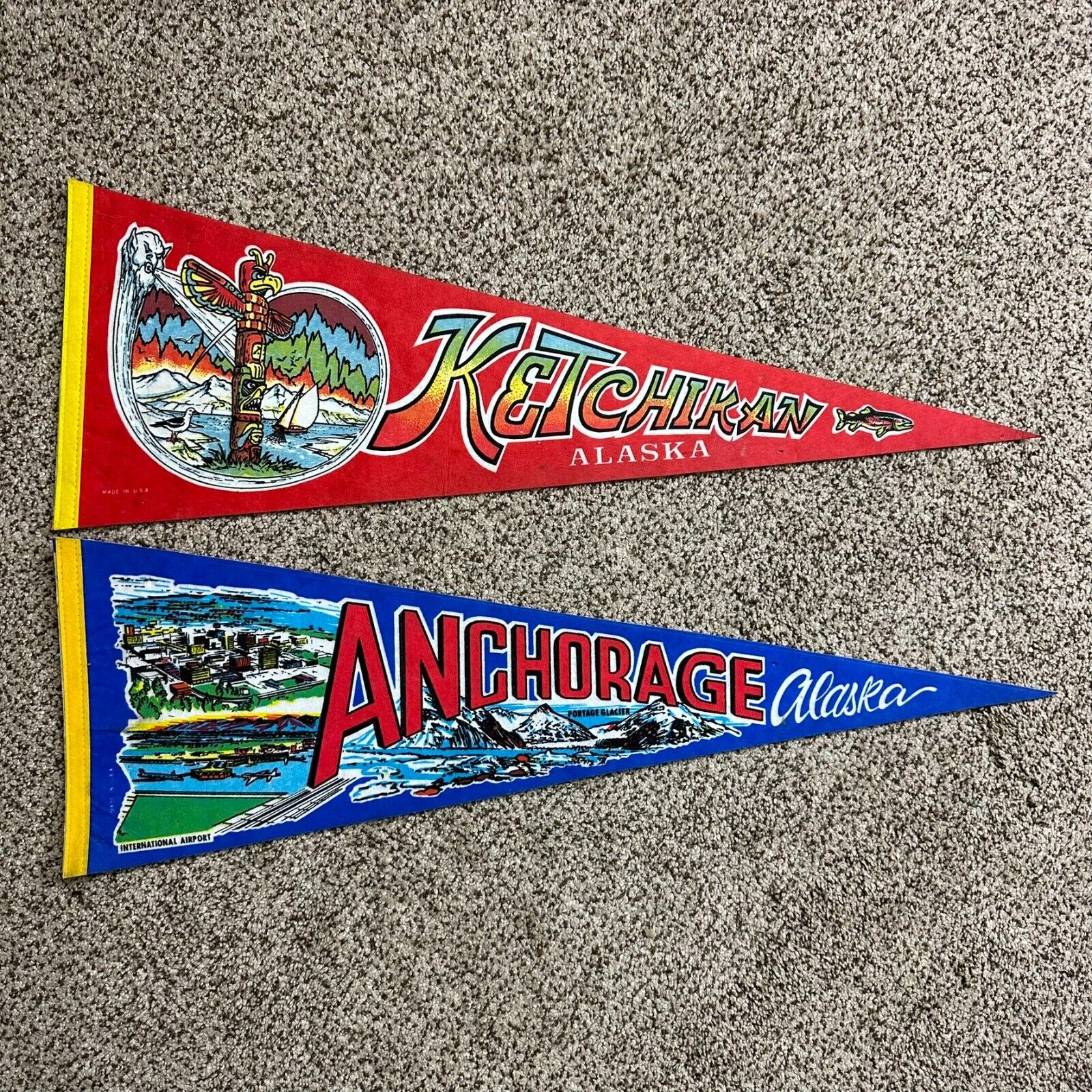 Pair of Vintage Alaska Souvenir Pennants Flags Ketchikan Totem Pole Anchorage