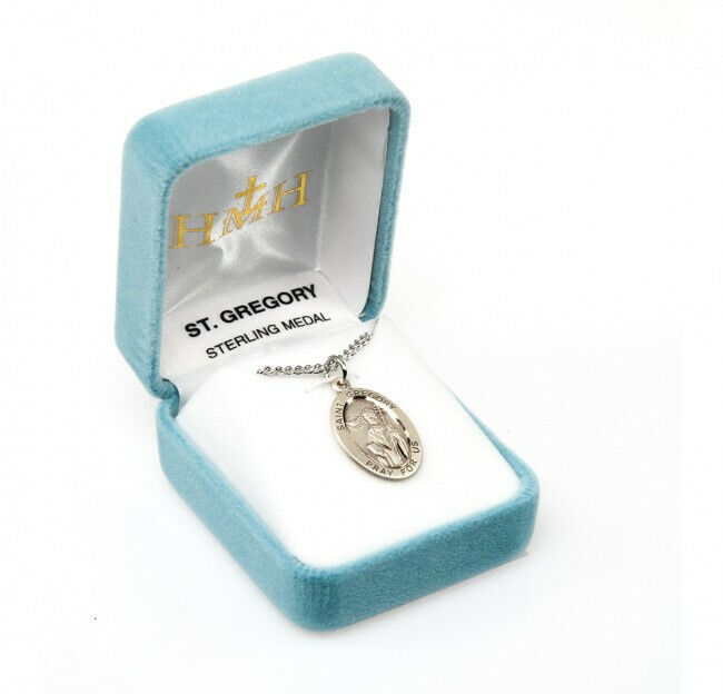 St. Gregory Sterling Silver Oval Medal, Velvet Gift Box, .9\