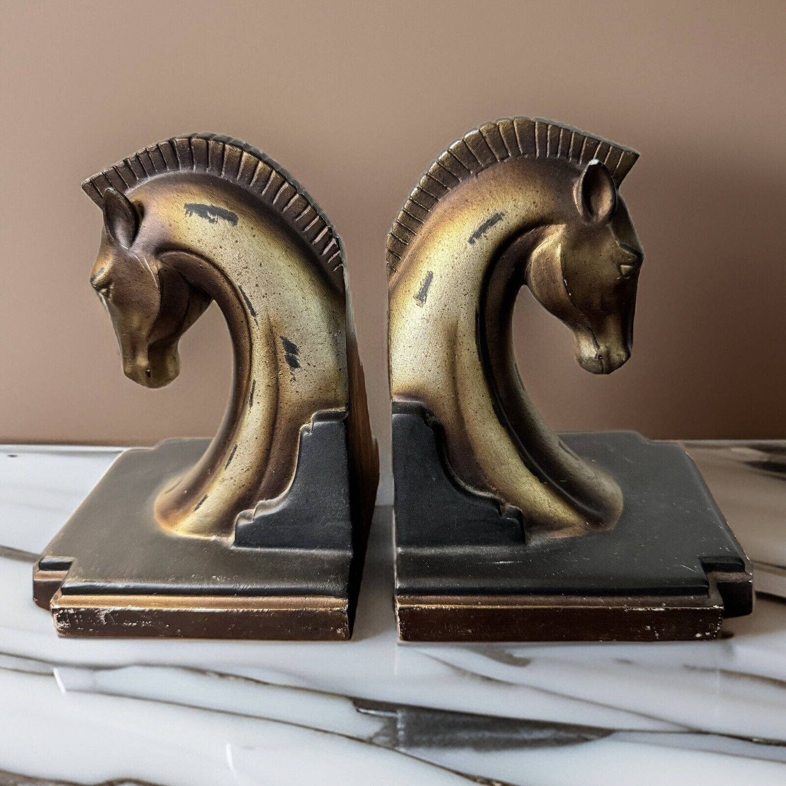 1930's Art Deco Ray Dodge Bronze Trojan Horse Bookends- Set of 2