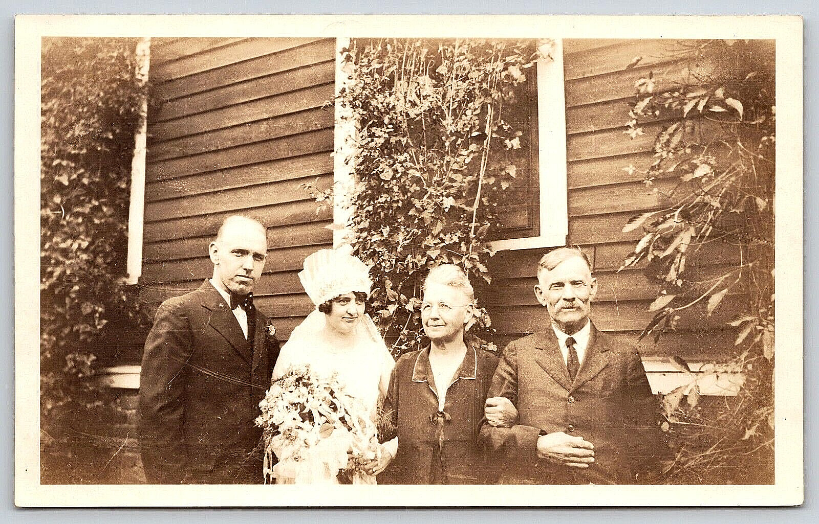 Photograph Family Wedding Bride Groom Men Women Outdoors House Vintage Sepia