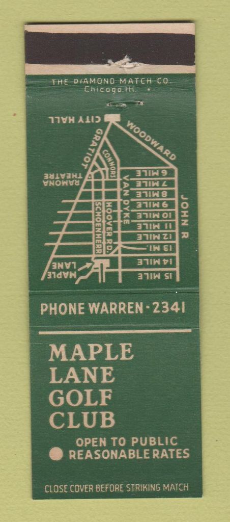 Matchbook Cover - Maple Lane Golf Club Sterling Heights MI