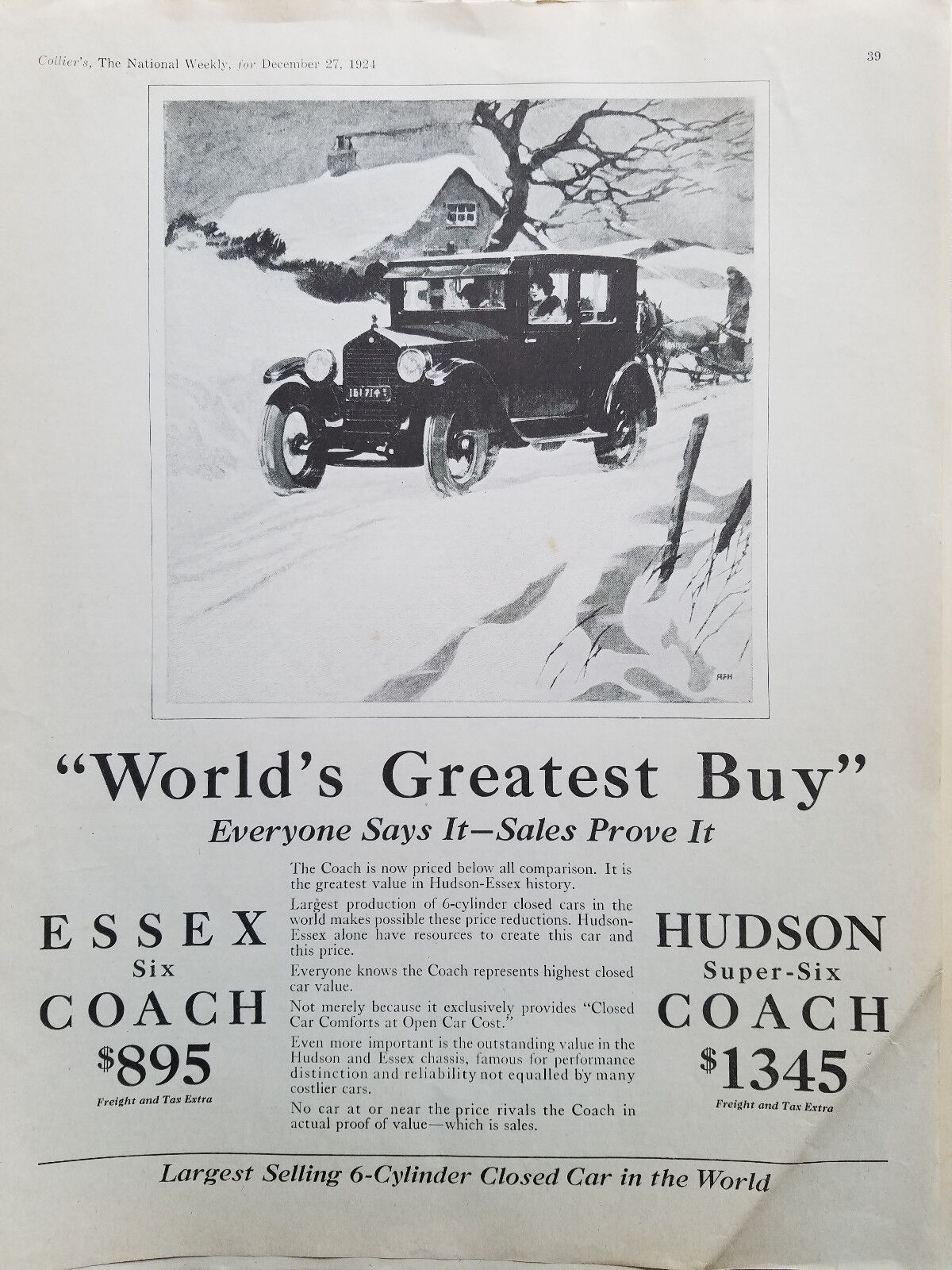 1924 1925  Hudson  Essex Six and Super Six Coach Car RFH Art Original Ad