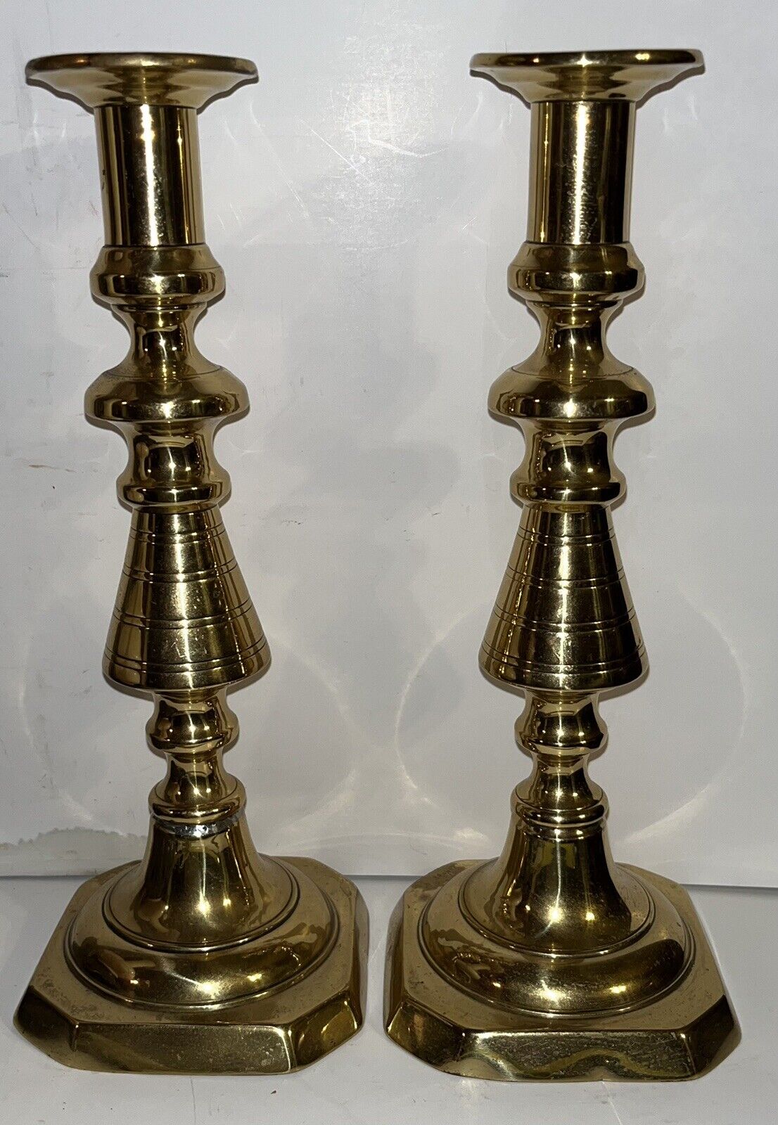HUGE Antique 1850 Pair Queen Anne Spun Brass Push-up Candle Sticks Polished