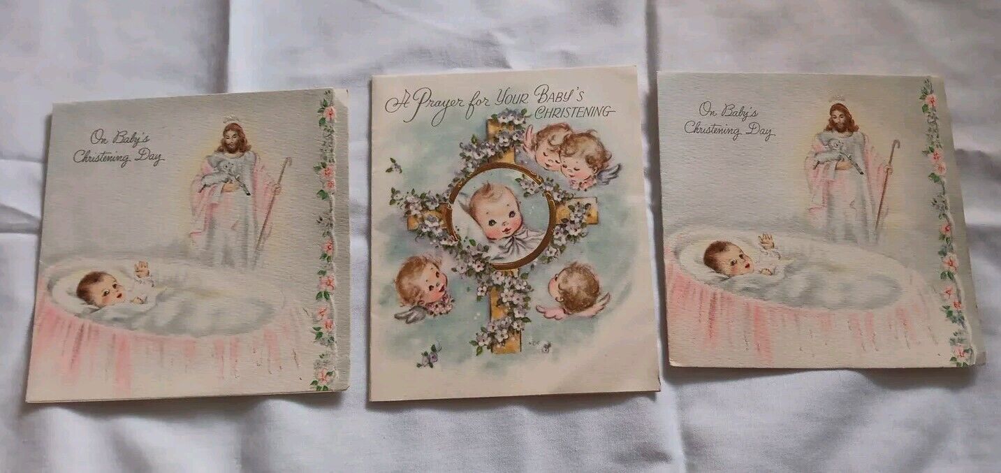 Lot of 3 Wonderful Vintage Greeting Cards BABY CHRISTENING..USED...L@@K...1940\'s
