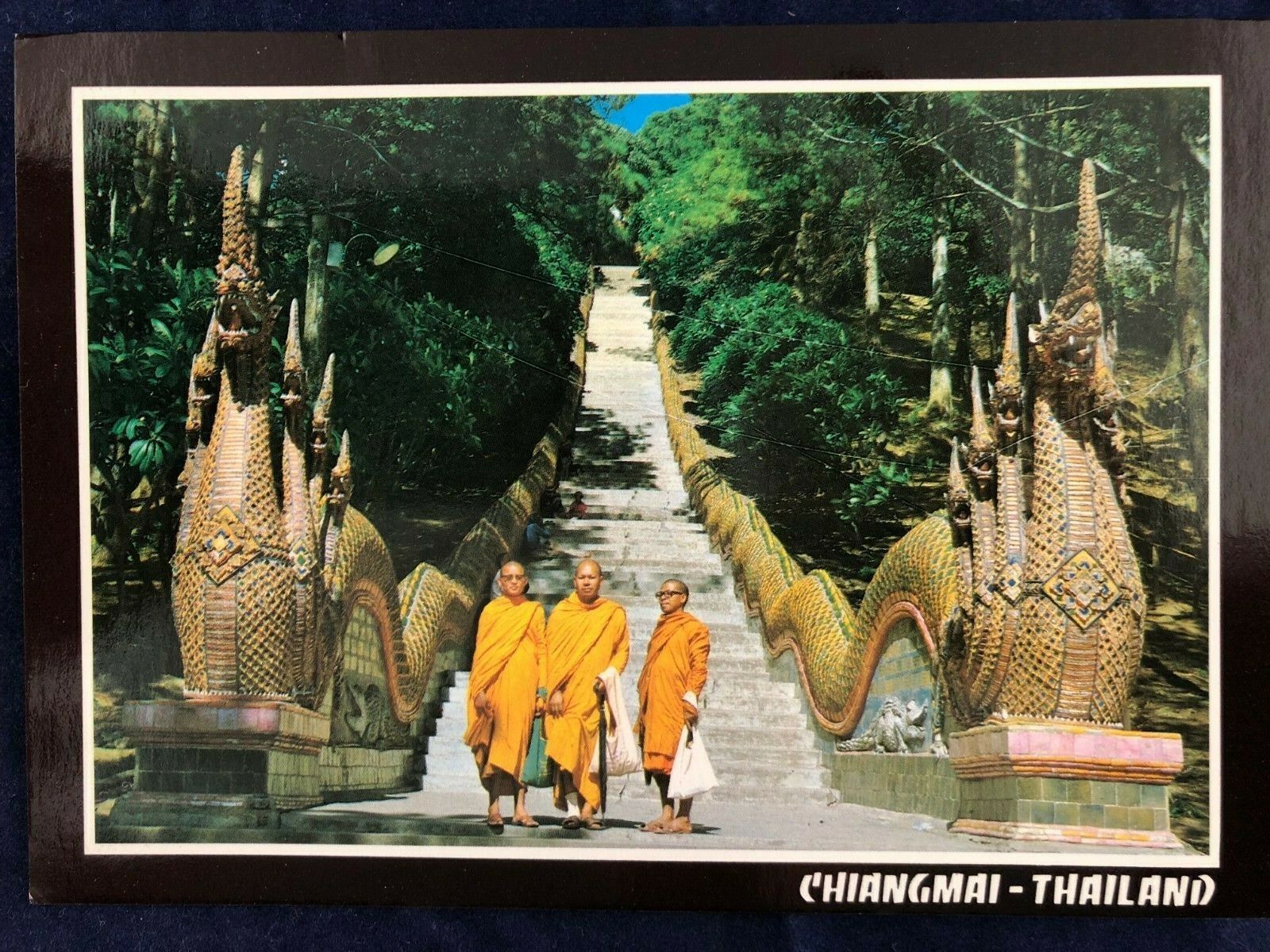 Postcard New Three Buddhist monks on Dragon staircase price is for 1