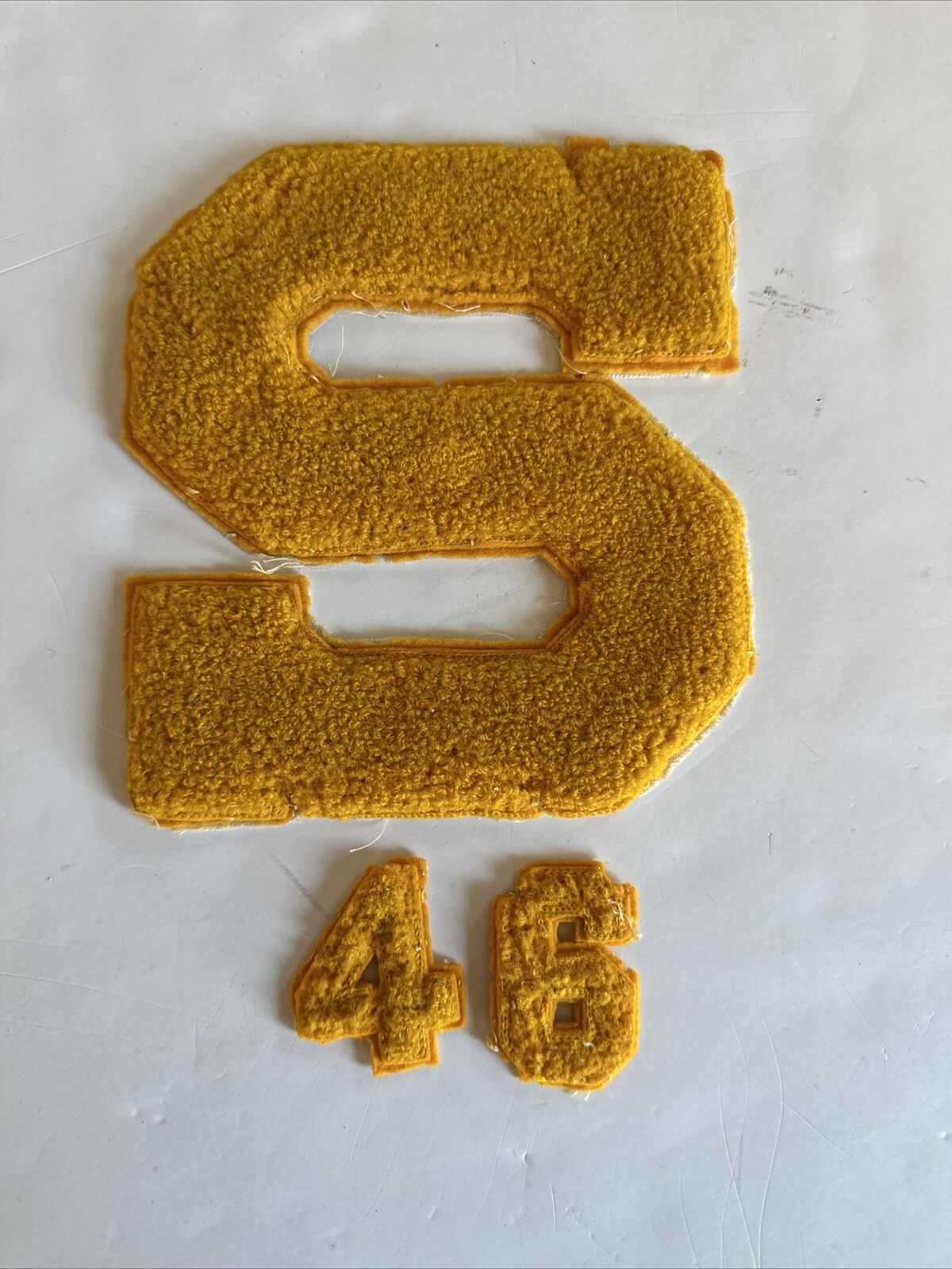 3 Pc Vtg Yellow Chenille Letterman 8x7” Patch, Letter S, 1.5x2.5” Numbers 4 & 6