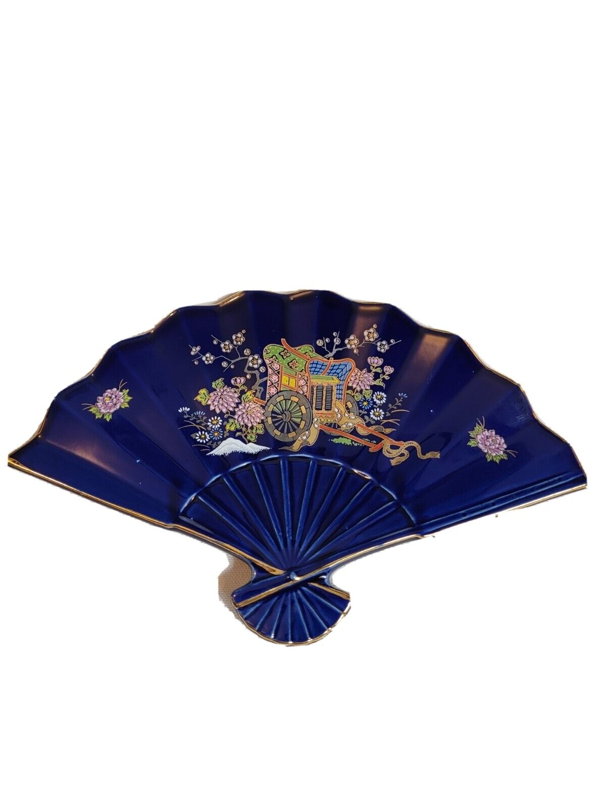 Vintage Cobalt Blue Japanese Fan Porcelain Dish Gold Trim Hand Painted VTG Decor