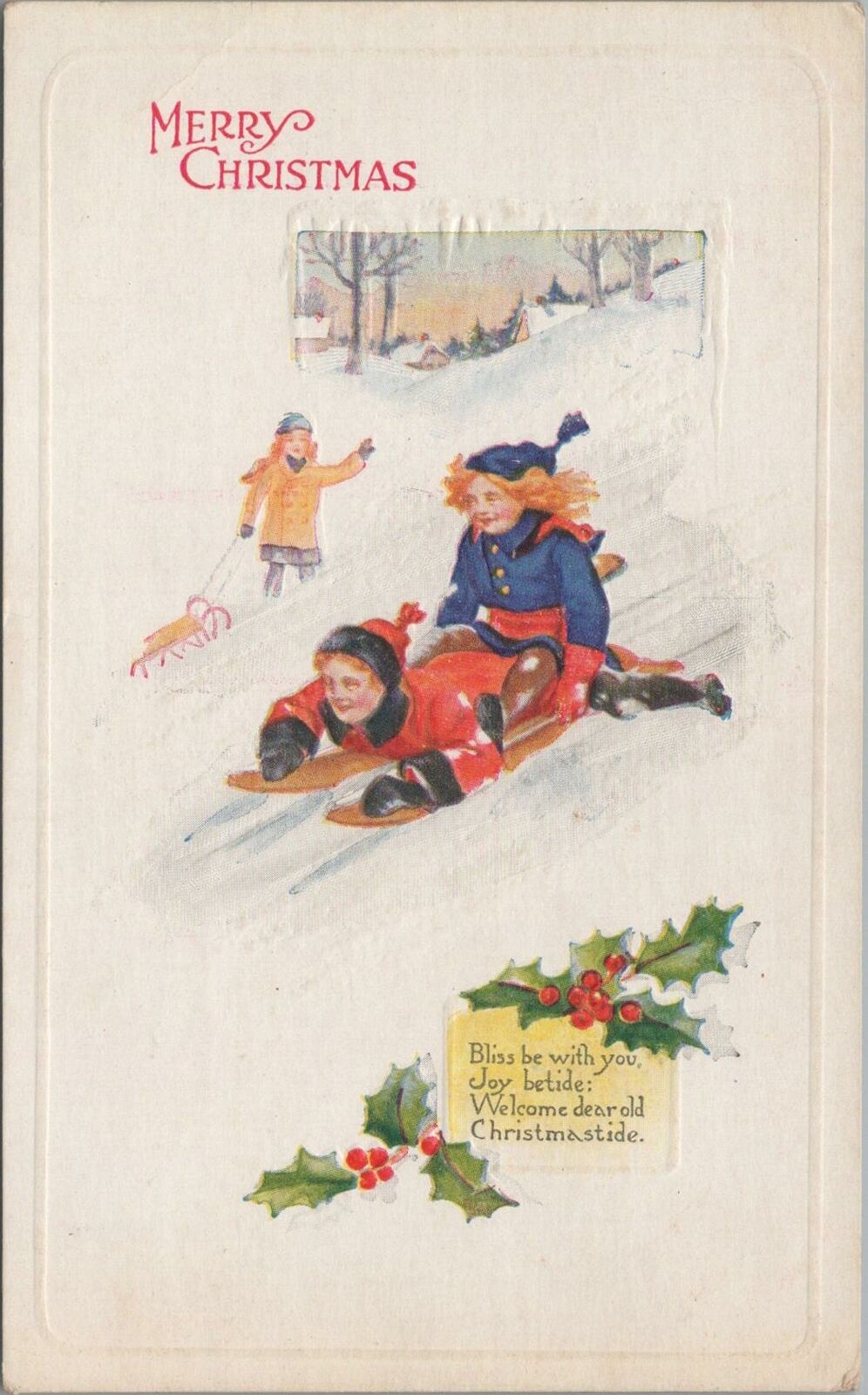 Postcard Merry Christmas Children Sledding 