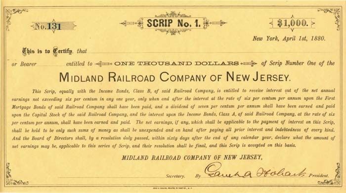 Garret A. Hobart signed Midland Railroad Co. of New Jersey - Autographed Stocks 
