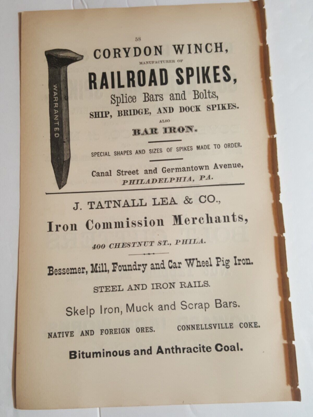 ☆ 1884 vintage ad CORYDON WINCH RAILROAD SPIKES Philadelphia PA canal street