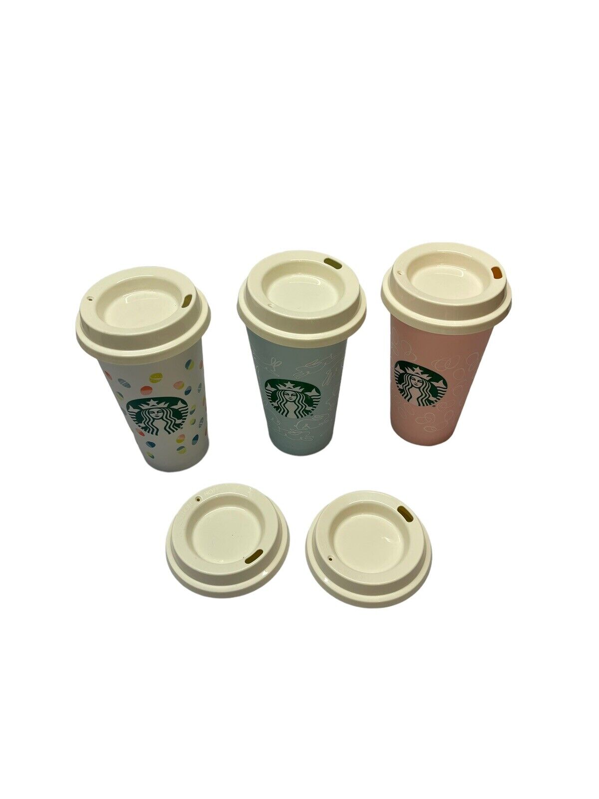 Set of 3 Starbucks Reusable 16oz Plastic Coffee Cups Tumblers Easter w/ lids