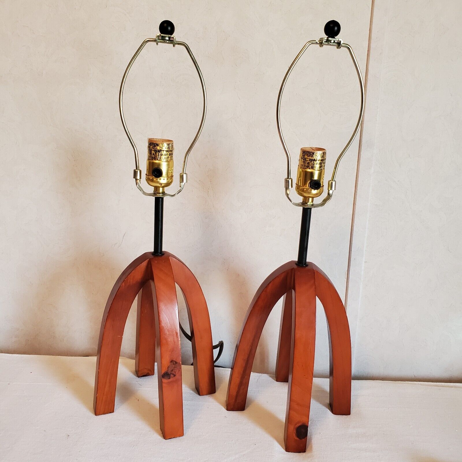 Pair Of Mid Century Table Lamps Cherry Wood 4 Leg Vintage NO SHADES