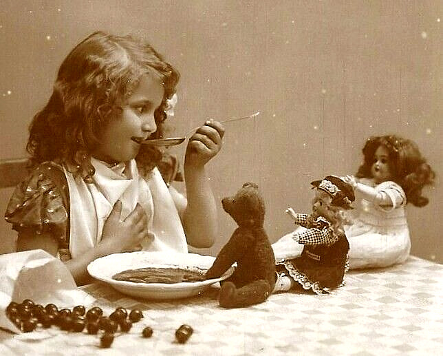 1910s Toys RPPC~Teddy Bear Sneaks Food from Dolls~Vintage Real Photo Postcard
