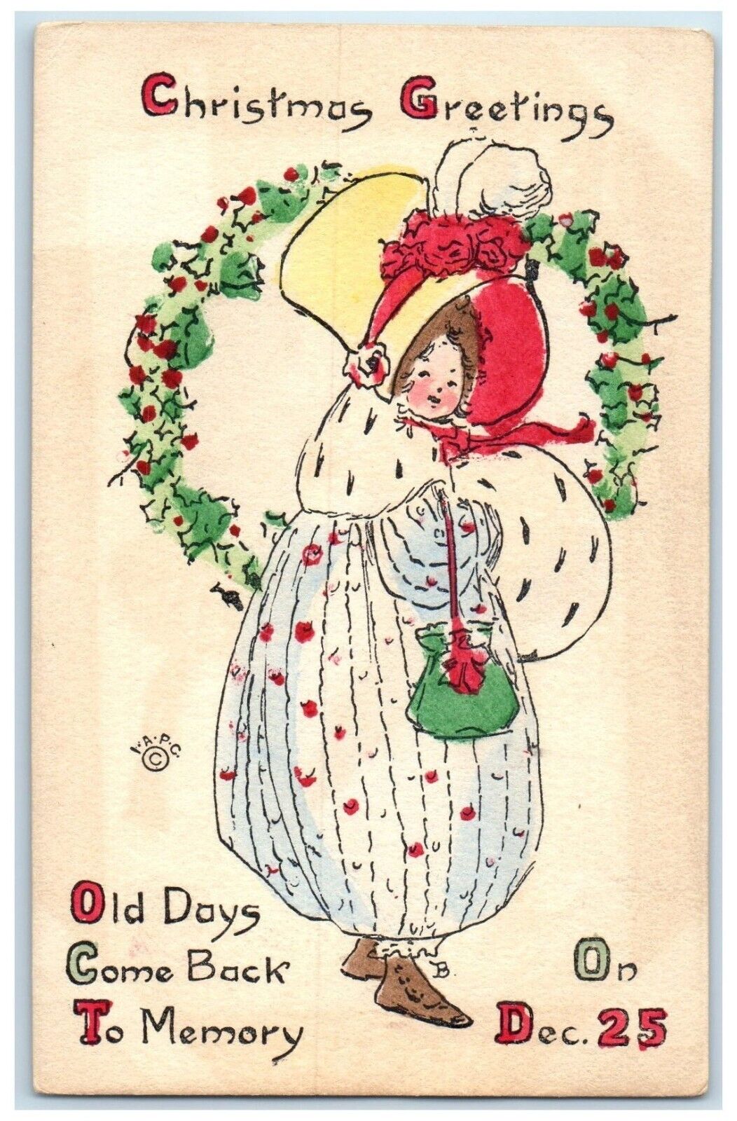 c1910's Christmas Greetings Woman Big Hat Handwarmer Flowers Clapsaddle Postcard