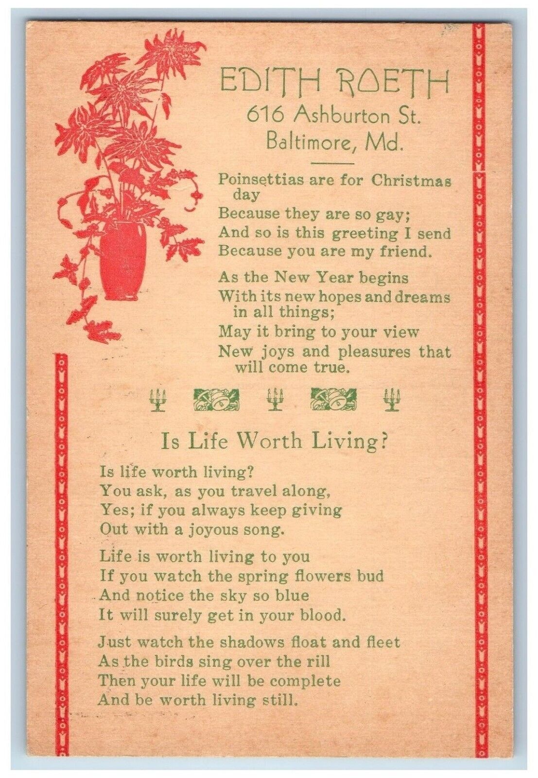New Year Christmas Postcard Motto Edith Roeth  Baltimore Maryland MD c1910's