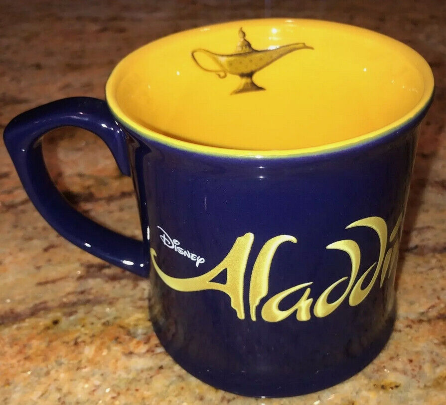 Disney Aladdin Official Broadway Musical Coffee Mug Navy Blue, Yellow with Lamp