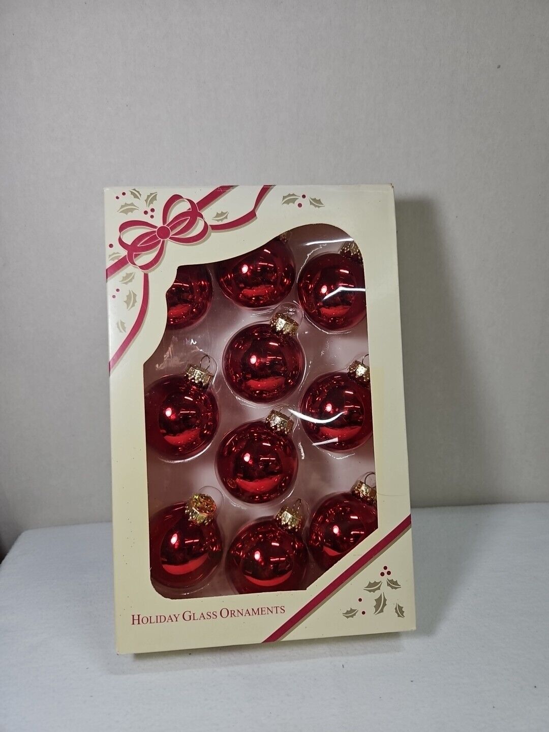 10 Bright RED Shiny GLASS ORNAMENTS. \