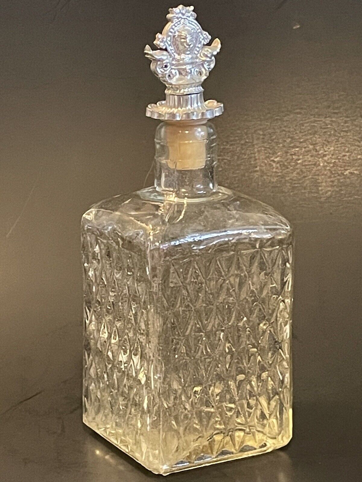 Vintage Diamond Glass Decanter Bottle 1970\'s Lions Head Silver Tone Stopper