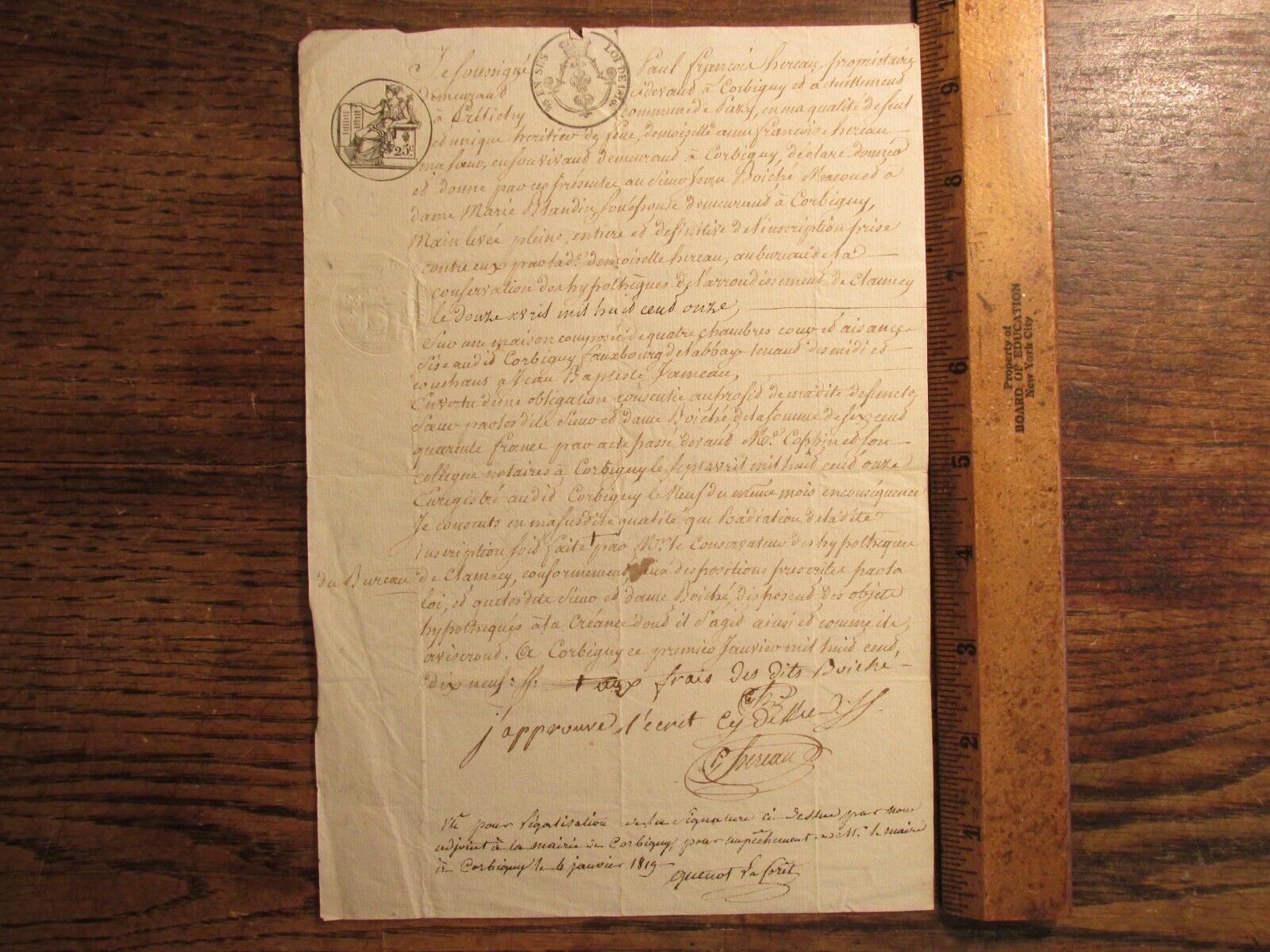 Antique Ephemera Signed French Document France 1819 w/ Fancy Stamps