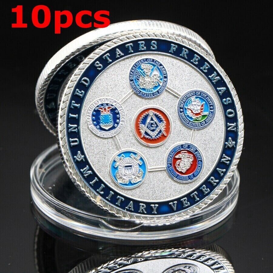 10PCS US Military Army Marine Air Force Masonic Freemason Challenge Coin Silver