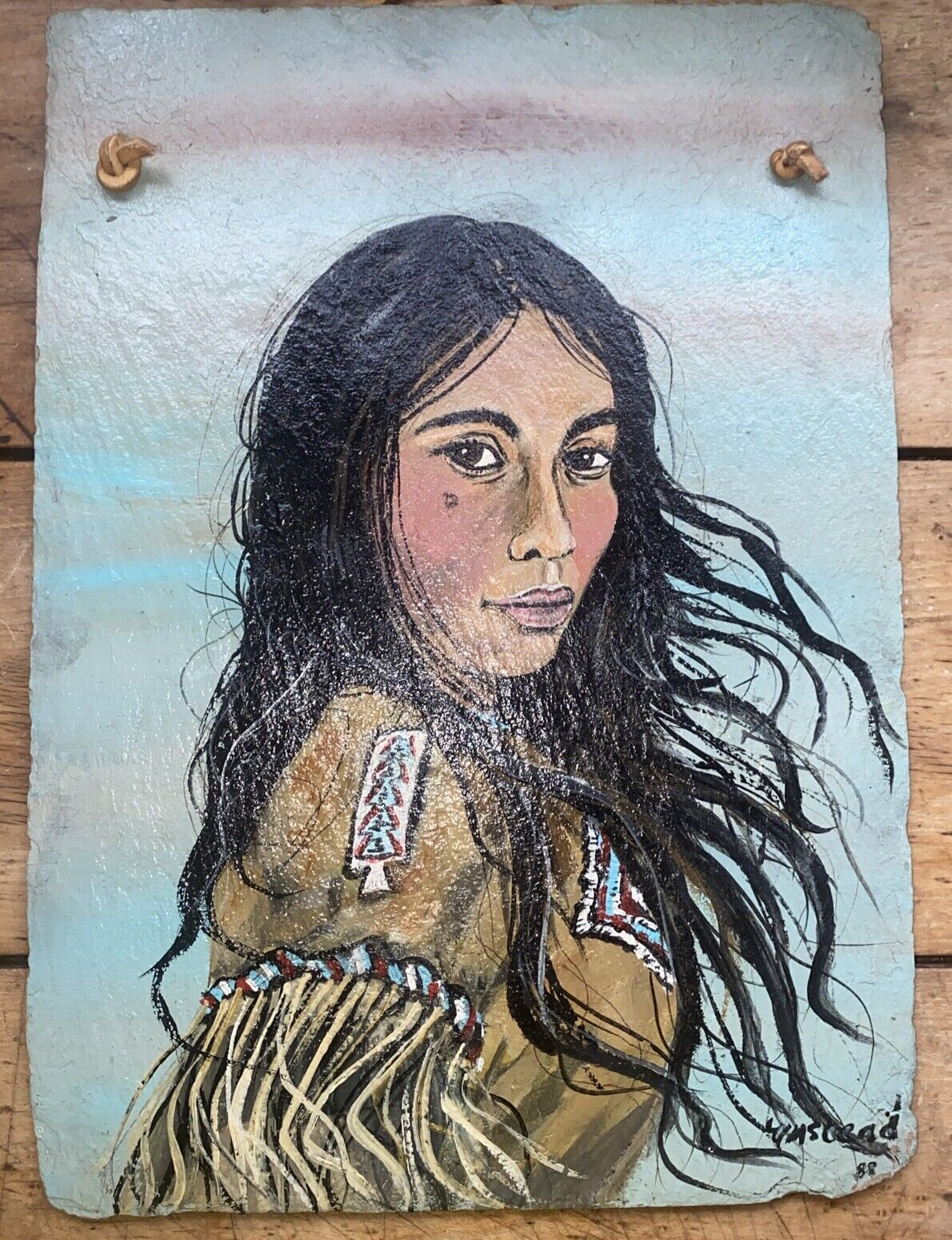 Original Hand Painted On Slate Indian Princess Signed 1988 Almost 13” By  9”
