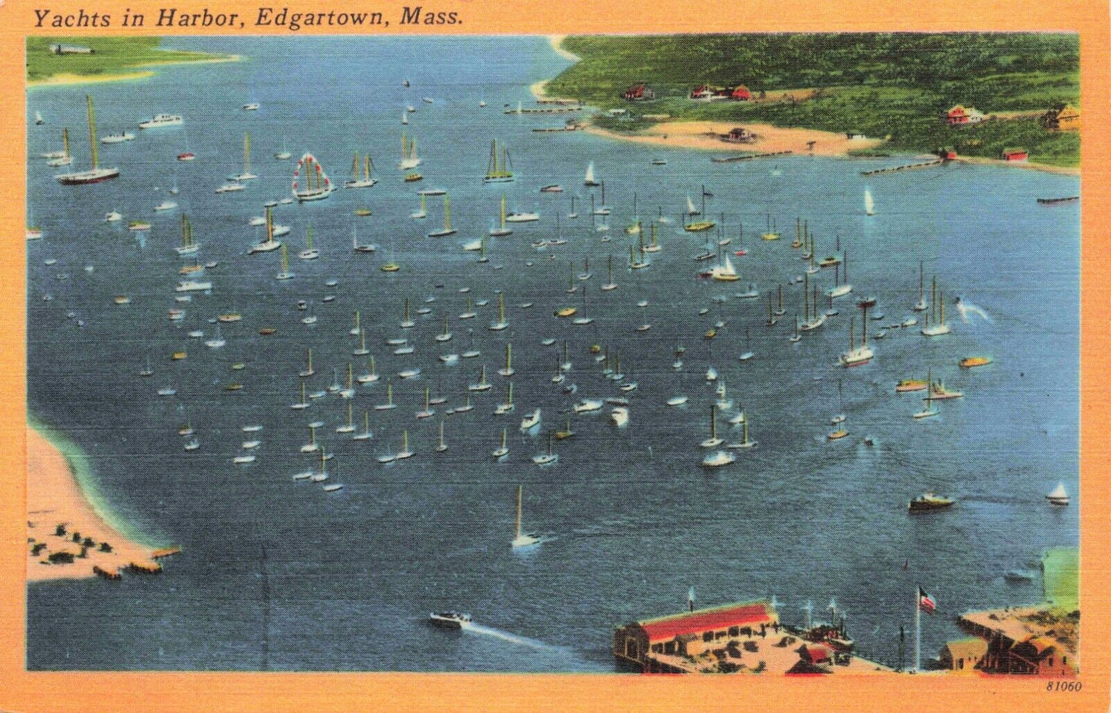 Postcard Yachts in Harbor, Edgartown Massachusetts Linen