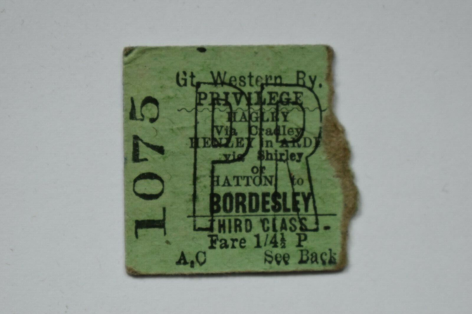 GWR Great Western Railway Ticket No 1075 HAGLEY etc to BORDESLEY 19 NOV 1961