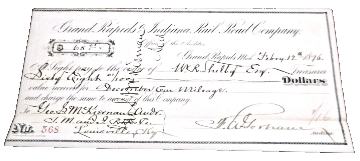 FEBRUARY 1876 GRAND RAPIDS & INDIANA GR&I COMPANY CHECK #568 TO JM&I