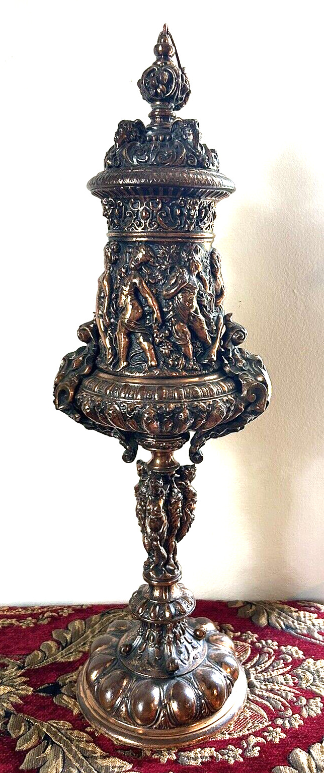 RARE Antique High Relief Renaissance Motif Exquisite Copper Urn