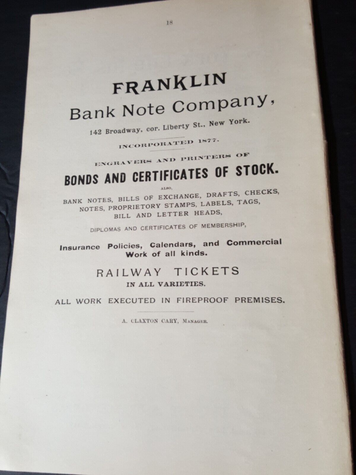 1888 original ad FRANKLIN BANK NOTE COMPANY bonds stock certificates railway tic