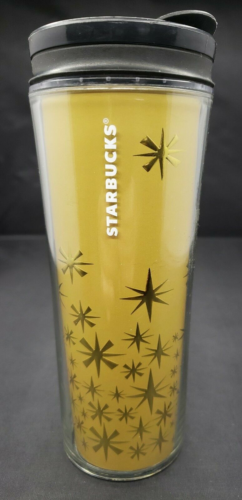 Starbucks 2012 Travel Tumbler Mug 12 oz Metallic Gold Star Snowflakes