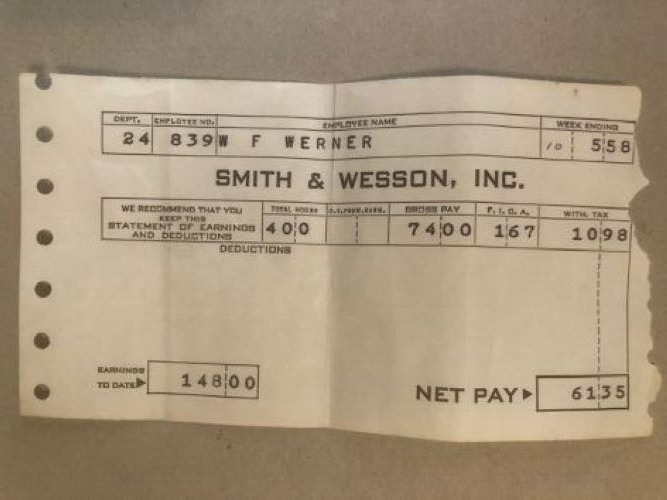 Vintage 1958 Smith & Wesson weekly Pay Stub - wages deductions etc. - old paper