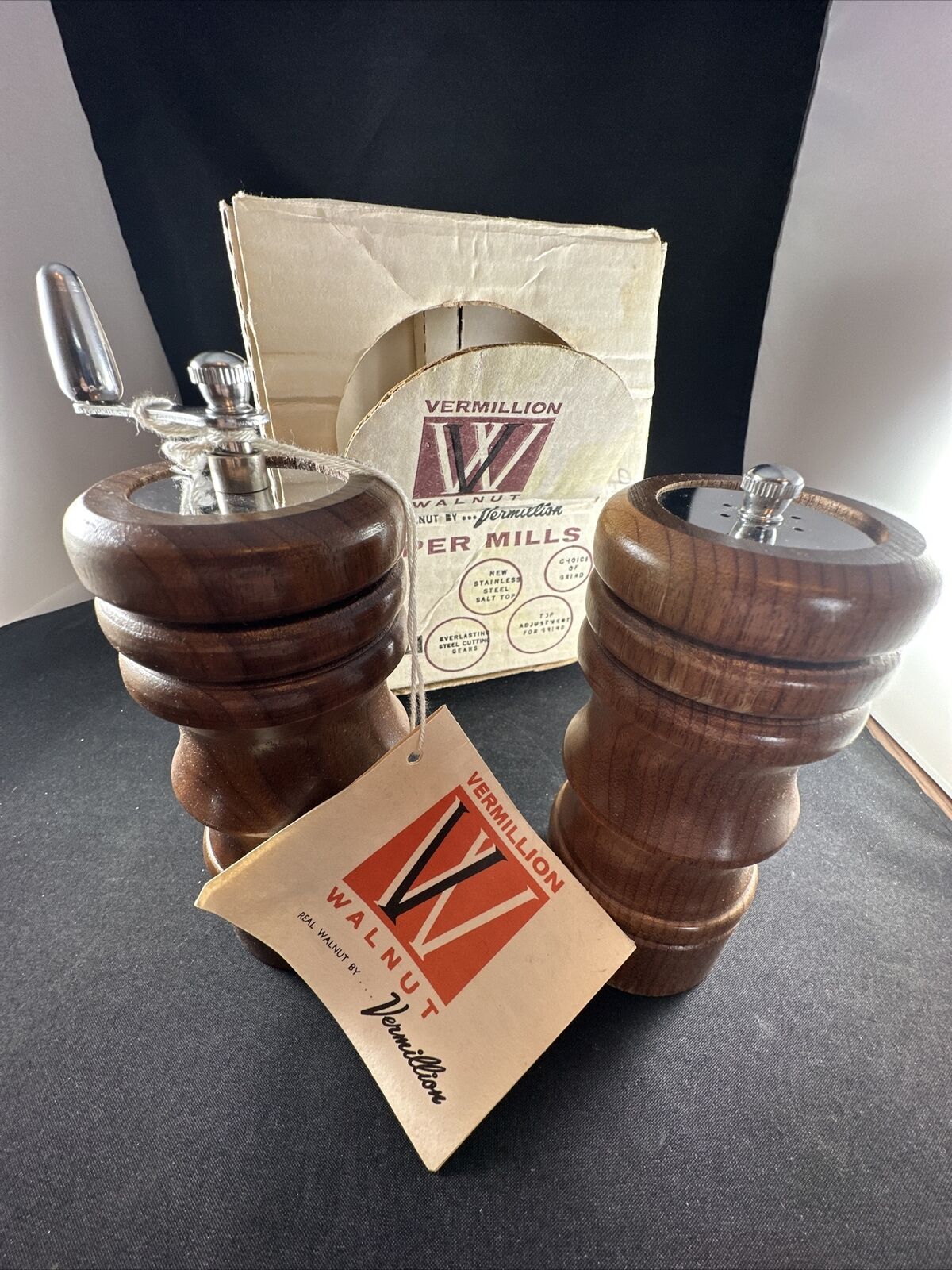 Vintage Vermillion Walnut Salt Shaker & Pepper Mill Set NOS NIB