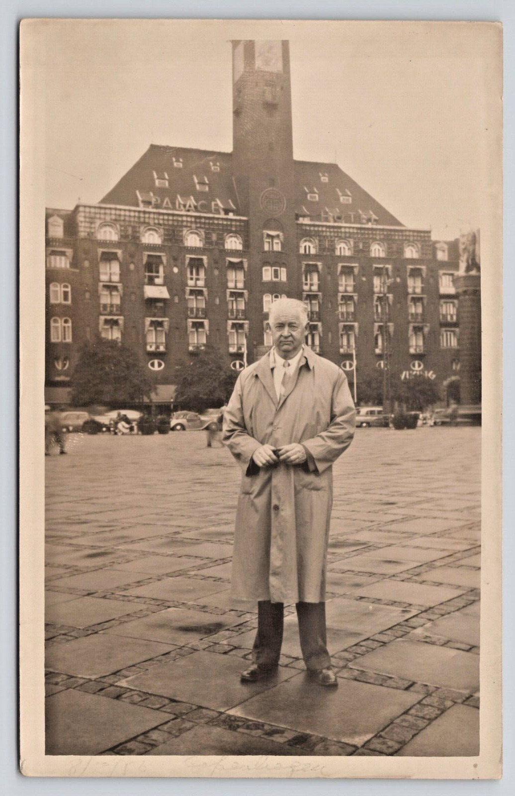 Postcard RPPC Palace Hotel Copenhagen Denmark Gentleman in Trench Coat Outside