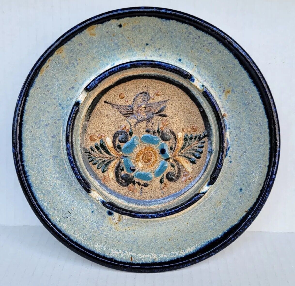 Vintage Pottery Ashtray Bird Floral Brown Blue Tonala Painted Style Salt Fired