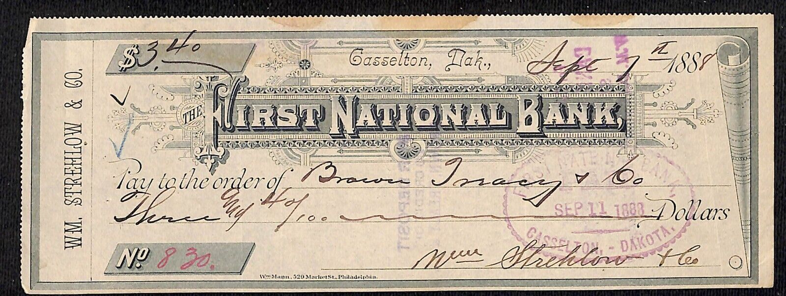 Gasselton, Dakota (Territory) First National $3.40 Bank Check Strehlow & Co 1888