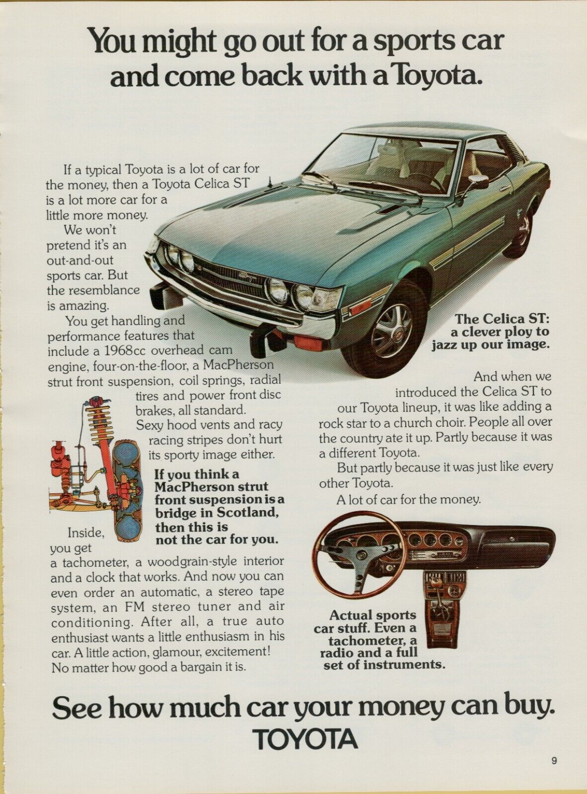 1973 Toyota Celica ST Blue Car + Full Line Up Specifications Original Print Ad