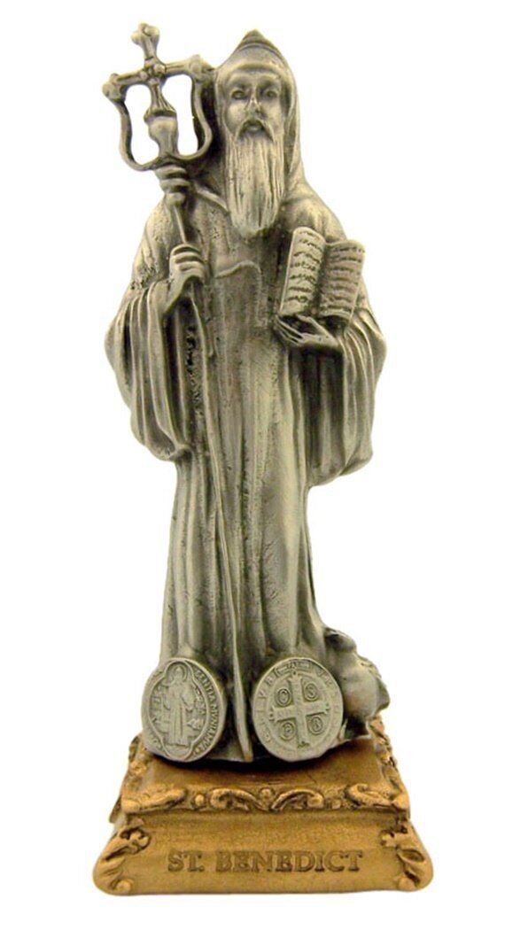 Pewter Saint St Benedict Figurine Statue on Gold Tone Base, 4 1/2 Inch