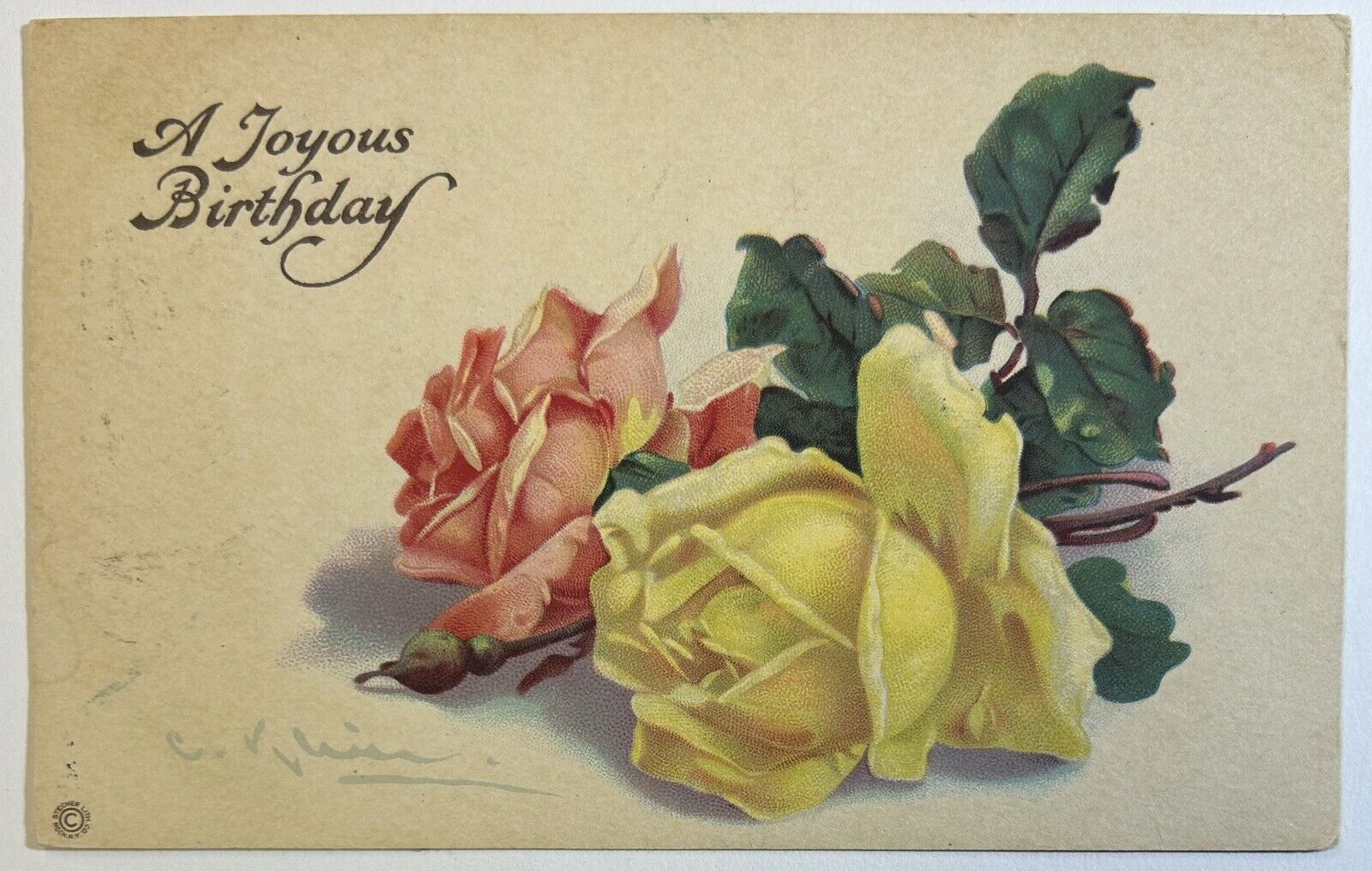 A Joyous Birthday Stecher Rose Postcard, Posted 1921 Antique Floral Card