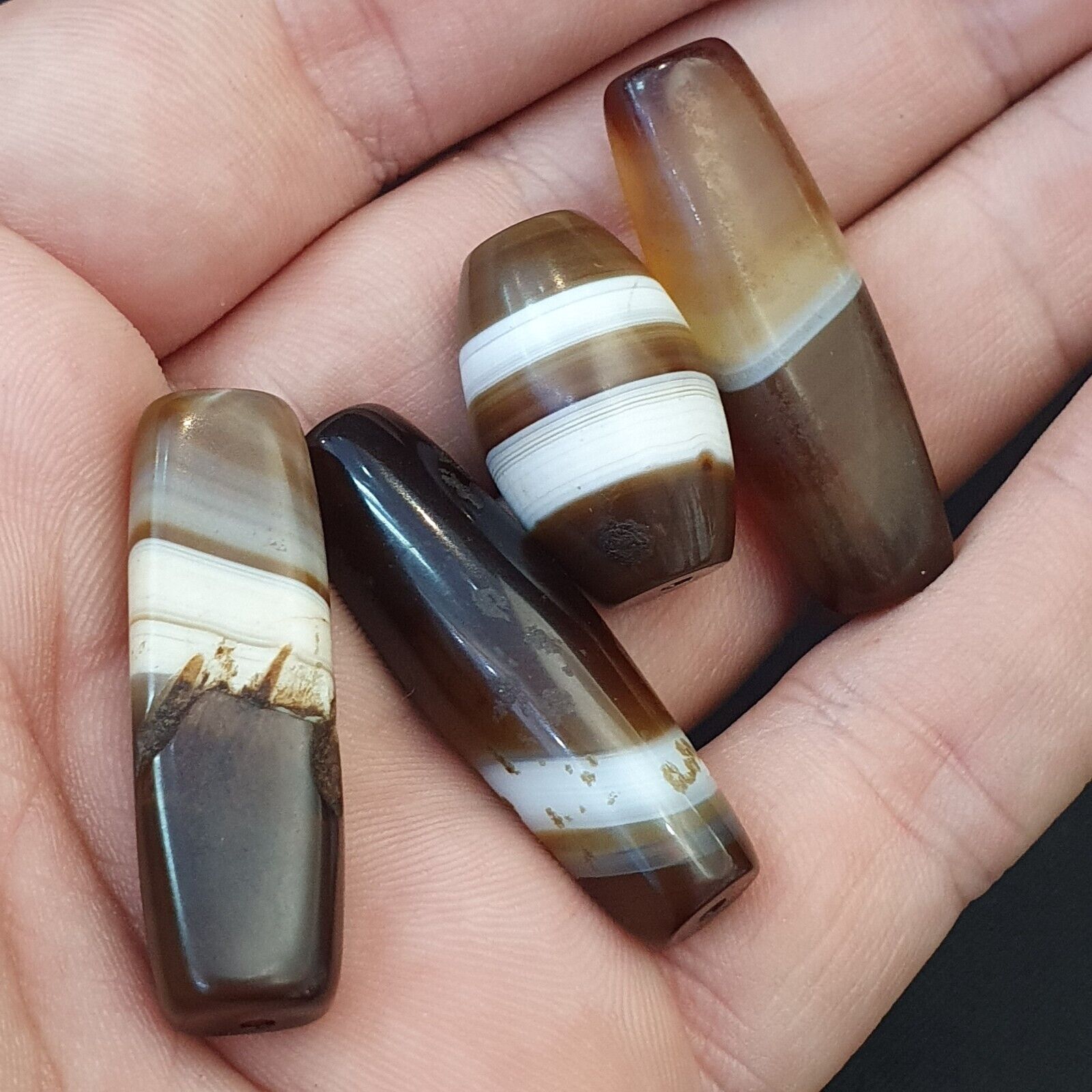 Antique Old Yemeni Agate Natural Rare pattern Banded Agate Beads 4 pieces